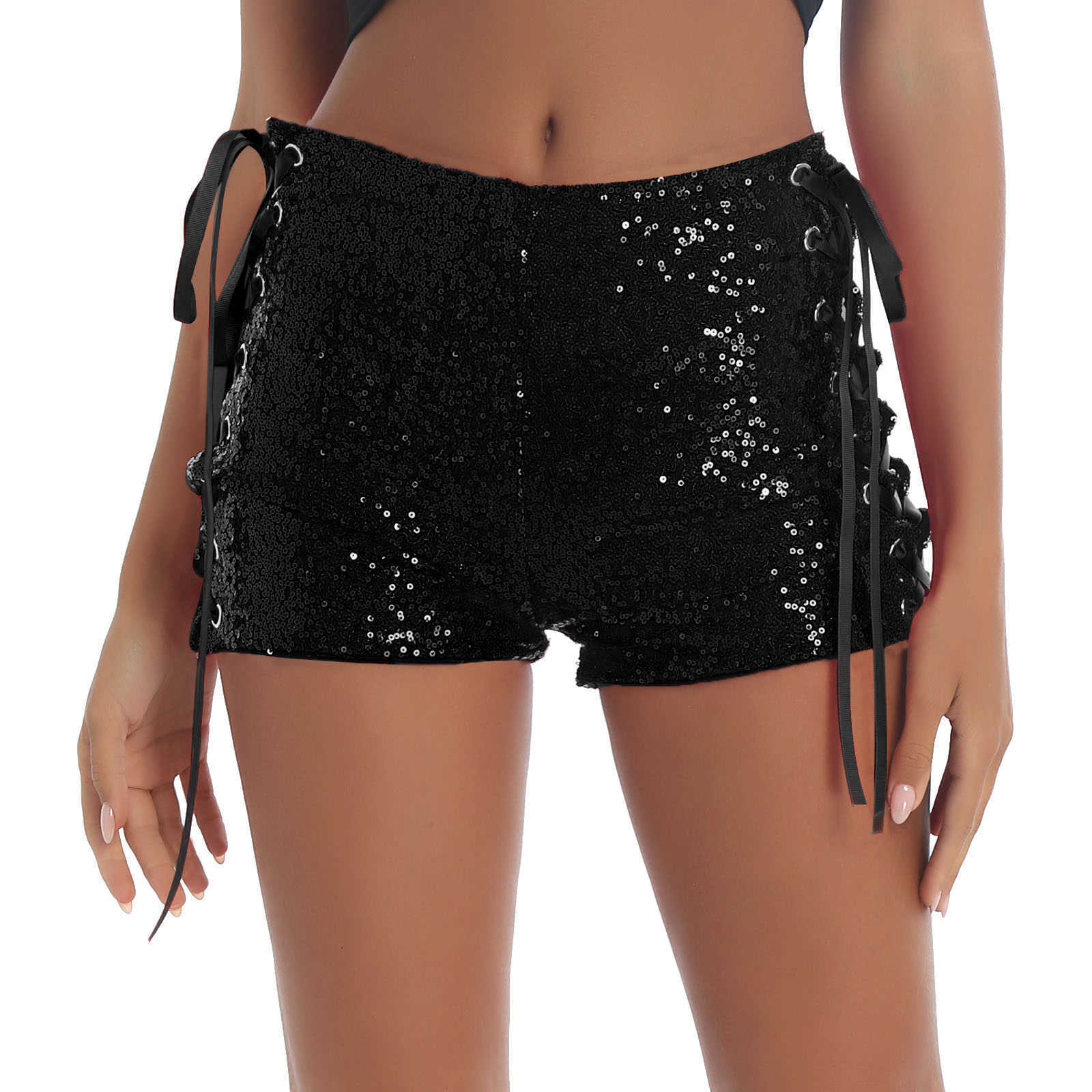 

Women Glitter Sequins Side Lace-Up Hot Sexy Mini Shorts Nightclub Party Festival Rave Pole Dancing Stage Performance Costume X0715, Black