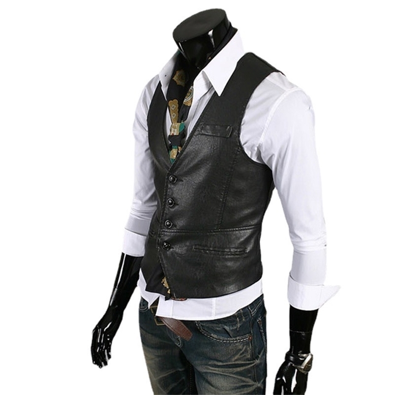 

Leather Vests Men Vest Slim Fit Mens Suit Vest Male Waistcoat Casual Sleeveless Formal Business Jacket Leather Branded clothing 220221, 02
