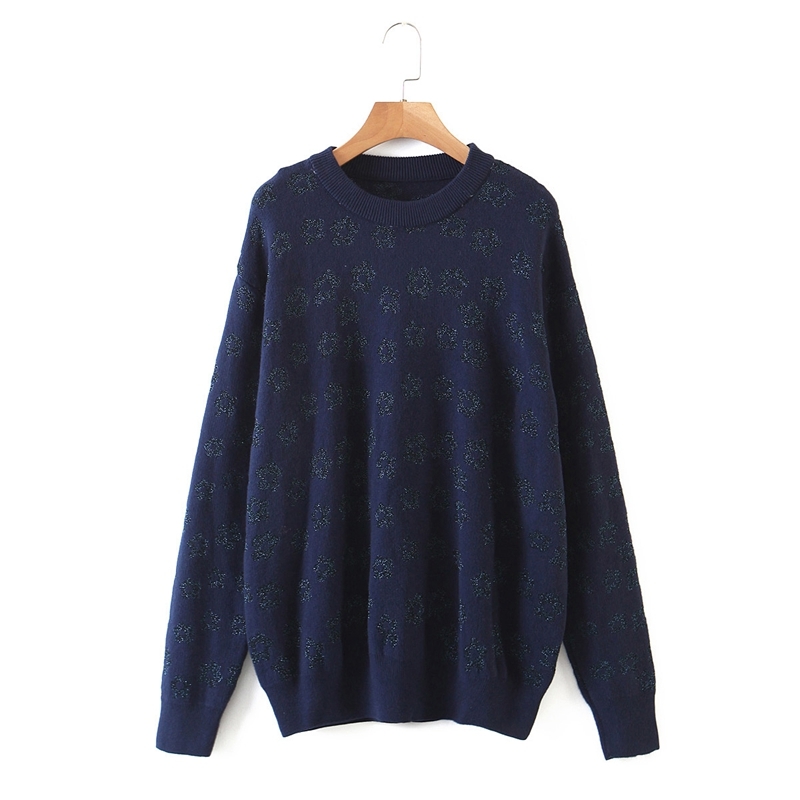 

Women Loose Casual Knit Jacquard Sweater Autumn O neck Pullover Jumpers Female Street Offfice Sweaters Knitwear XZ2577 210525, Navy blue