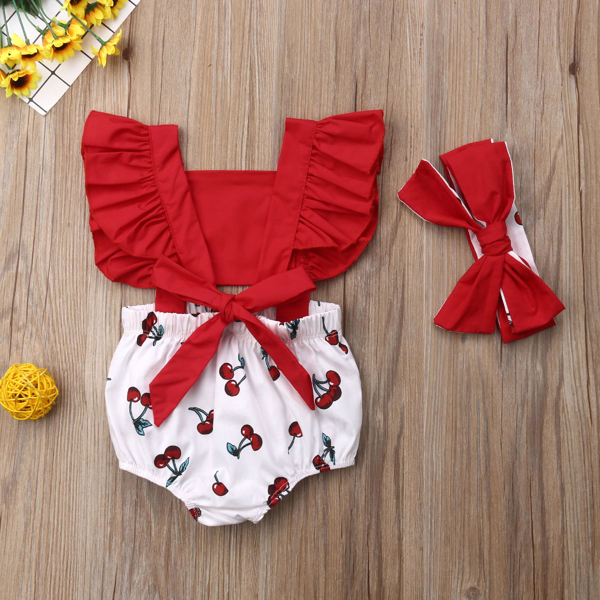 

2pcs Baby Girl Ruffle Cherry Print Bodysuits Newborn Romper + Headband Kids Sunsuit Newborn Outfits Girls Summer Clothes, Default color