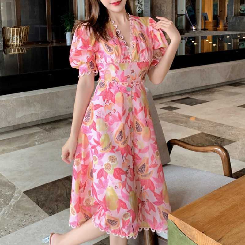 

Vintage Summer Sweet Floral Printed V-Neck Single Breasted Puff Sleeve Women Female A-line High Waist Vacation Midi Dress 210526, Photo color