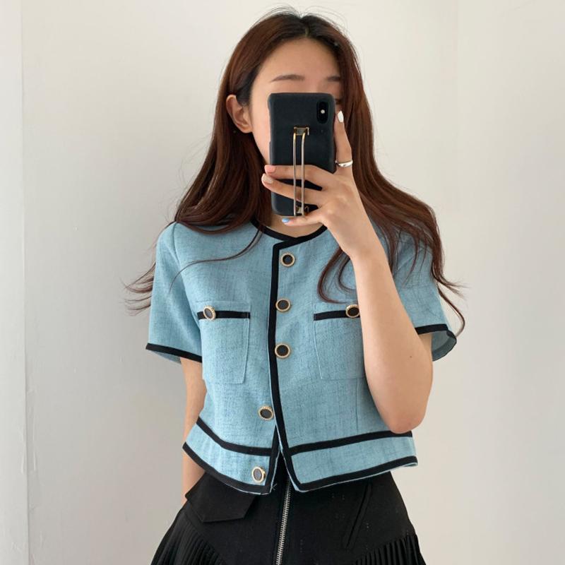 

Women's Jackets Chic Korean Summer Thin Contrast O Neck Short Sleeve Women Crop Tops Single-breasted Straight Coat Fashion Clothing, Black;brown