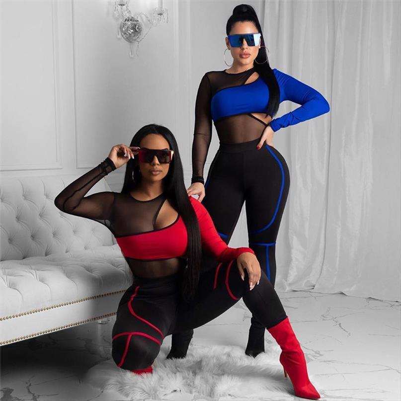 

2 piece set tracksuits womens pants long sleeve mesh patchwork bodysuit high waist club sports suits, White