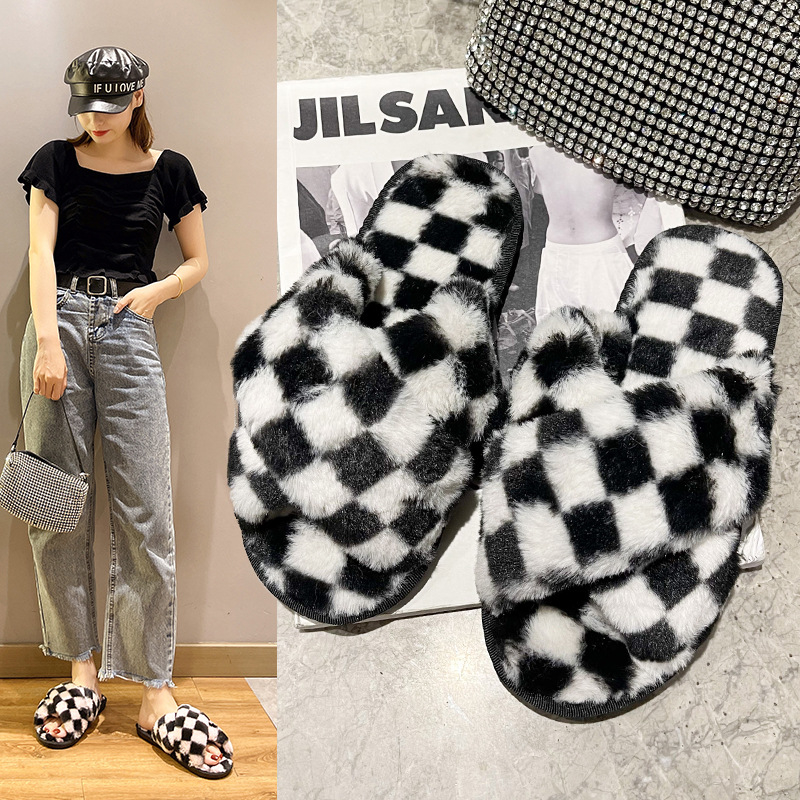 

luxury slippers 2021 warm color matching lattice open women's home fashion flat bottom cross floor cotton slippers, Black