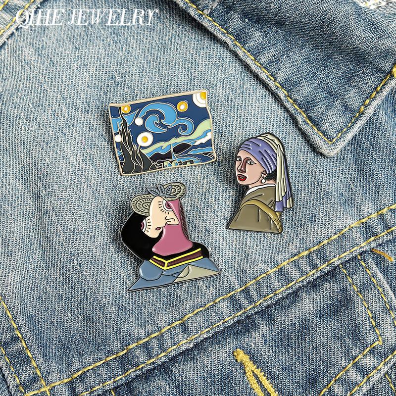 

Pins, Brooches QIHE Jewelry Art Painting Enamel Pins The Starry Night Girl With Pearl Clothes Bag Badges Gifts For Artist Collection