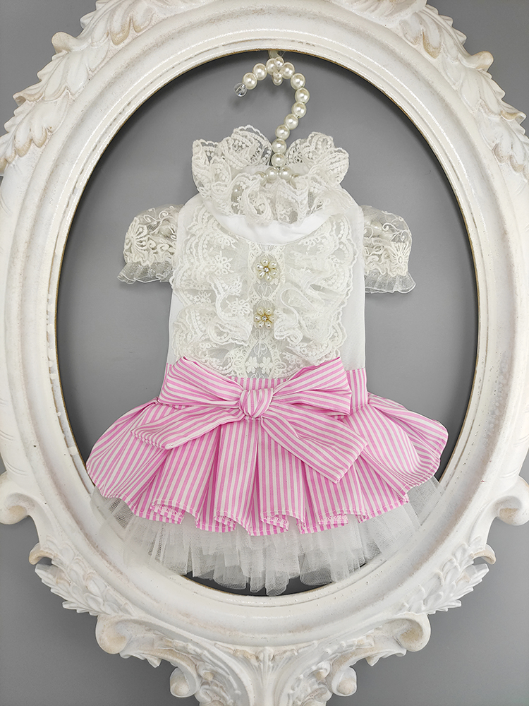 

Handmade Dog Apparel Clothes Pet Dress Gentlewoman Lady Style White Shirt Skirt Lace Collar Sleeves Cat Costume Poodle, Pink