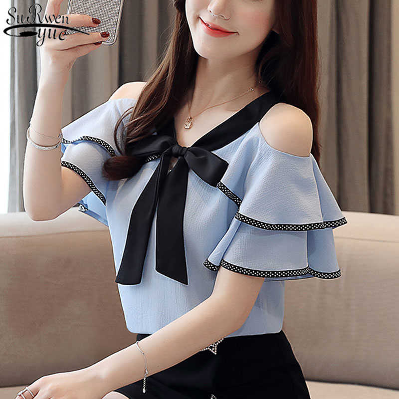 

Blusas Mujer Sexy Off Shoulder Tops Bow V-neck Chiffon Blouse Short Sleeve Blouse Women Summer Tops Female Shirt 14096 210527, White