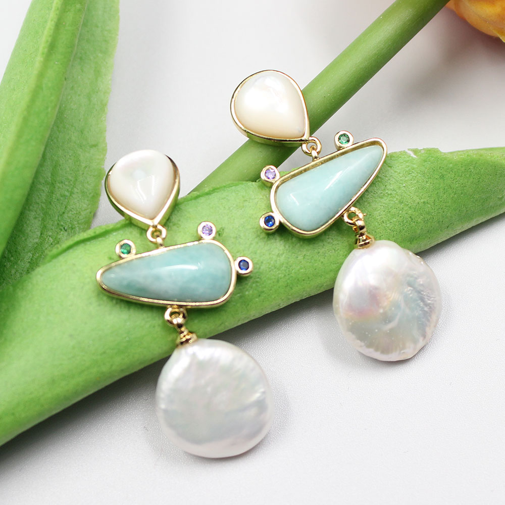 

GuaiGuai Jewelry Natural White Coin Freshwater Pearl Aventurine White Shell Dangle Earrings Handmade For Women Real Gems Stone Lady Fashion Jewellry