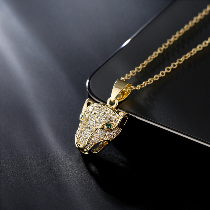 

New Fashion 18K Gold Plated AAA Zirconia Leopard Head Pendant Green Eye Necklace