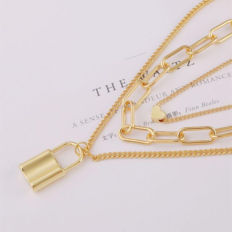 

Pendant Necklaces Punk Hip Hop Style Three Layer Lock Small Peach Heart Chain Women's Fashion Gold Color Alloy Necklace