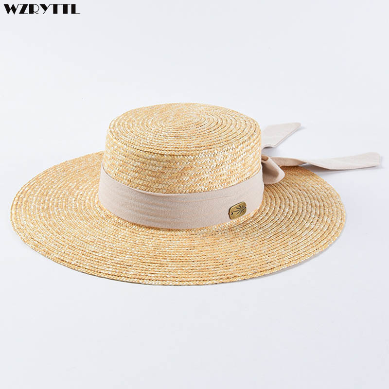 

2021 New Fashion Wide Brim Summer Beach Wheat Straw Women Boater Hat with Ribbon Bow for Vacation Derby Audrey Hepburn H7zv, Wheat-green