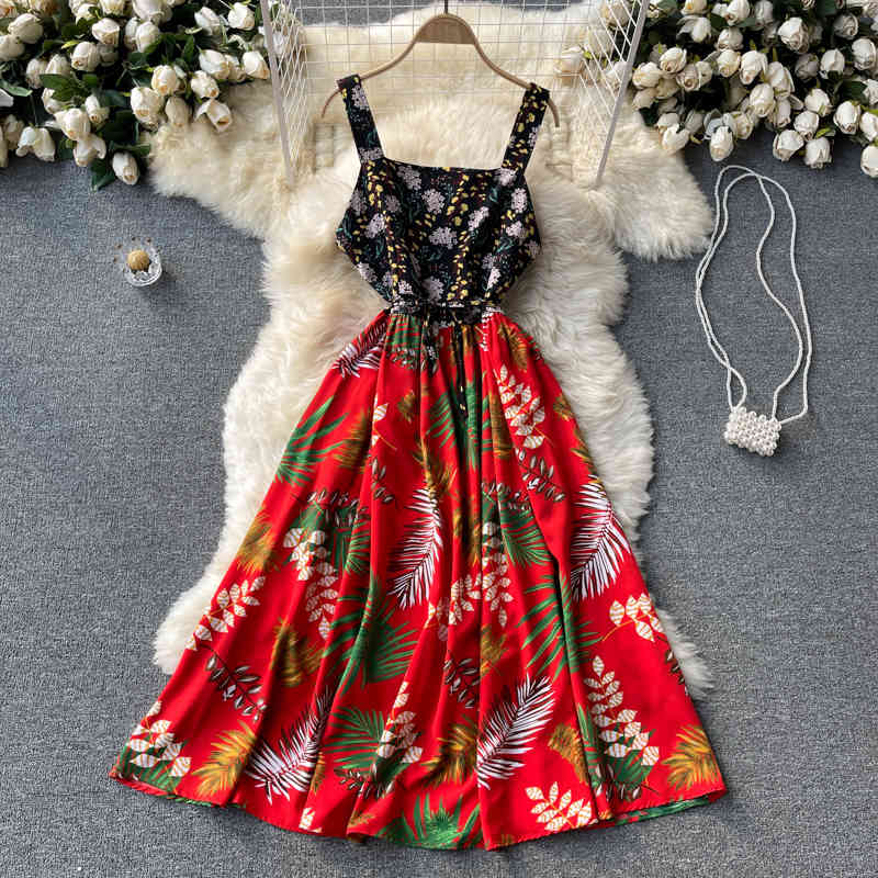 

Women Printing Beach Vacation Strap Dress Square Collar Sleeveless Arrivals Lady Fashion Spring Summer 11D575 210525, Black