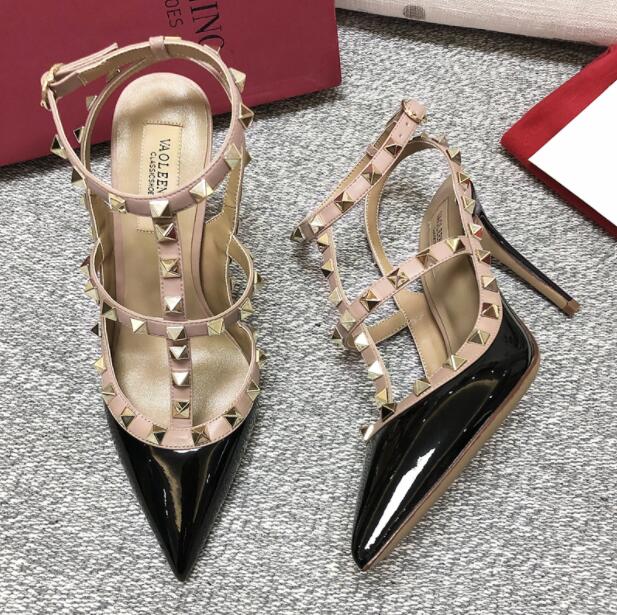 

Dress Shoes Sale-2022 Patent Leather Women Stud Sandals Point Toe Two Ankle Buckles Ladies Sexy Rivets High Heels Neon Color Dress Shoes, Colour16