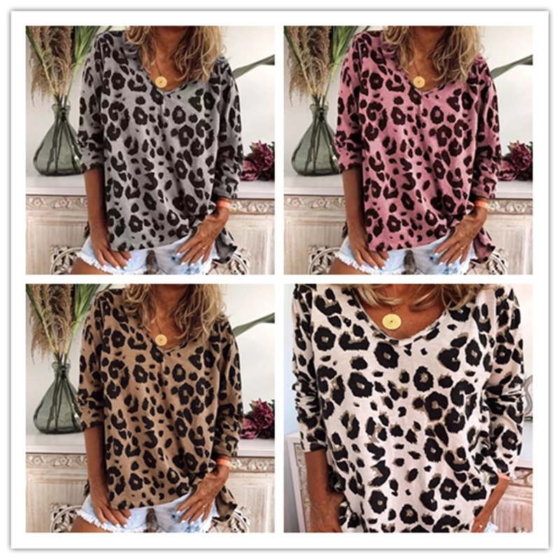 

2021 New Plus Size 5xl Sexy Leopardo Impresso Camisetas Femininas Outono Casual Manga Longa Com Decote Em v Topos Tshirts Senhora Solta Tama, Gray