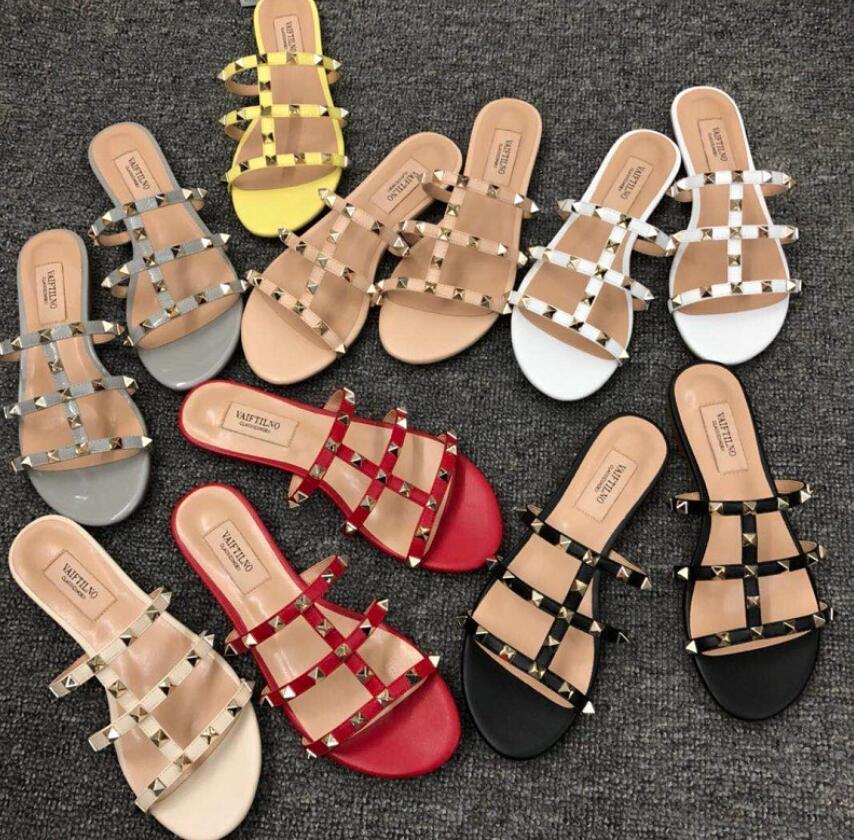 

slippers designer woman rivets peep toe flat sandals summer gold luxury slipper outside 34-43 red dust bag oyf9, Black