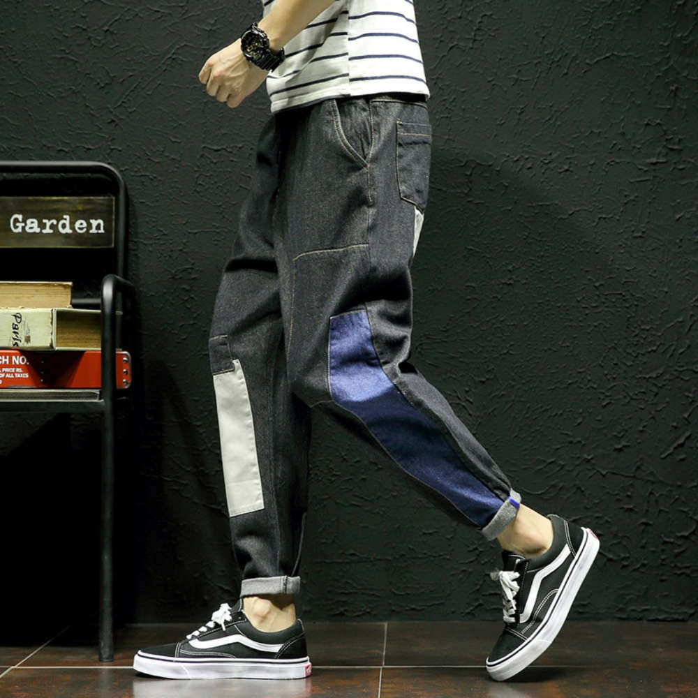 

spring autumn black stitching cloth Harem wear large jeans Men's Pants fashion, Blue