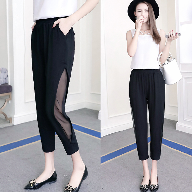 

2021 New Black Summer Chiffon Hare High-waisted Waistbands Cut Pencils Ankel-long Women's Casual Breathable Pants 03ws