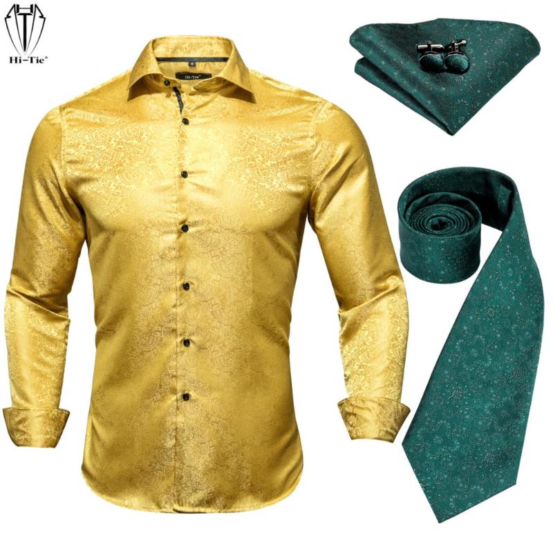 

Men's Casual Shirts Hi-Tie Luxury Silk Mens Long Sleeve Gold Paisley Shirt Green Floral Neck Tie Pocket Square Cufflinks Set For Men Slim Fi, White;black