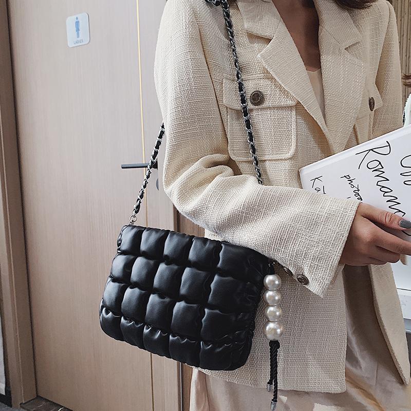 

VeryMe Fashion Pearl Elegant Female Bags Soft Leather Plaid Shoulder Crossbody Pack Lady Chain Solid Color Small Square Bag Sac, Black