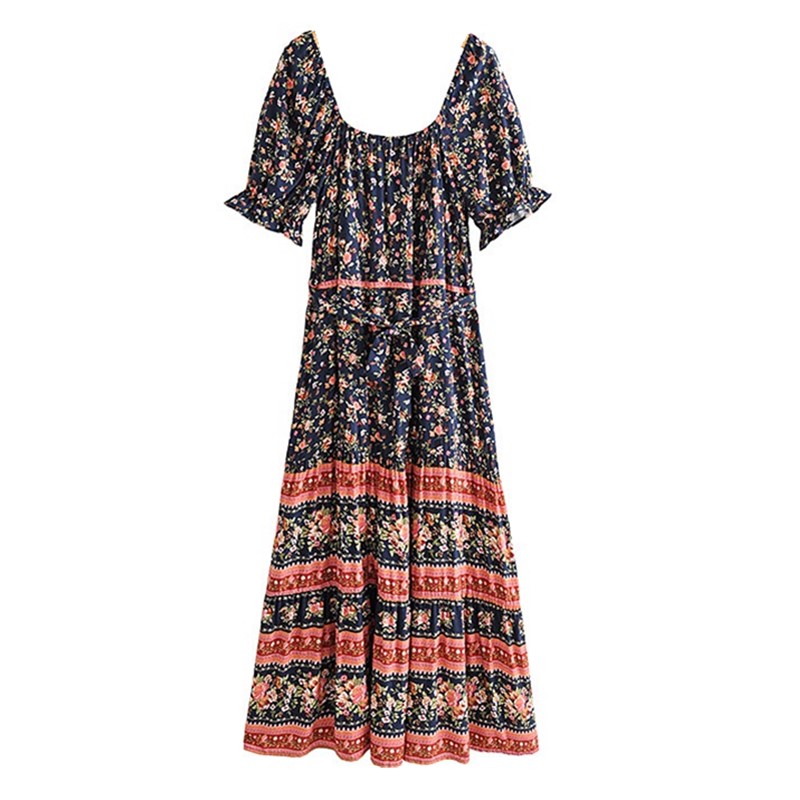 

BOHO Bandage Adjust Collar Floral print Women Dress Holiday Short Sleeve off Shoulder Midi Dresses Beach, Red