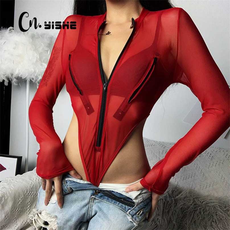

CNYISHE Sexy Club Bodysuits Women Tops Streetwear Red Mesh High Waist Bodysuit Romper Female Body Basic Summer Outfits Swimsuit 211111