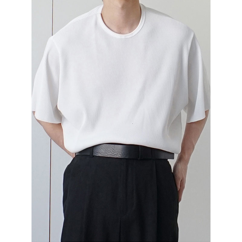

2021 New Summer Pleated T-shirt Men's Fashion Solid Color Casual O-neck t Shirt Men Streetwear Short-sleeved Tshirt Mens Dkt6, Black