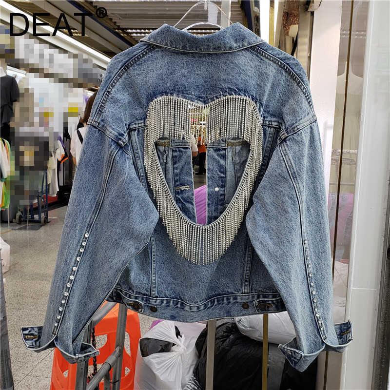 

DEAT Women Hollow Tassel Chain Diamond Denim Coat Long Sleeve Fashion Temperamnet Spring Autumn 11D2002 210709, Blue