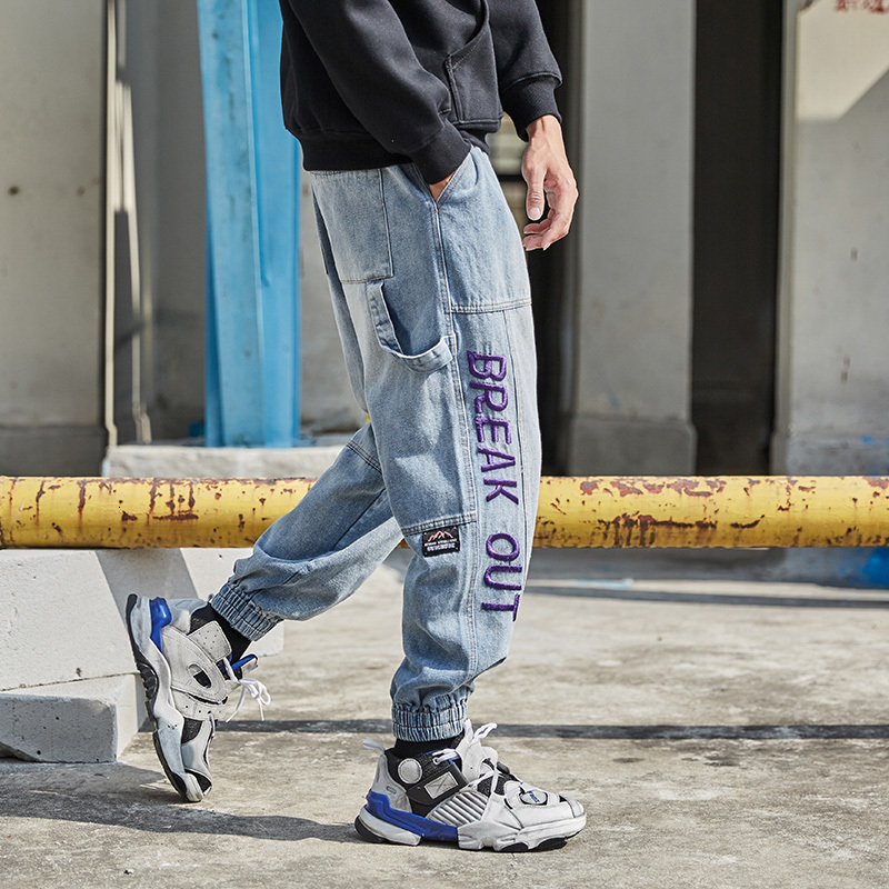 

2021 New Moda Streetwear Cor Azul Loose Fit Bordado Designer Harem Jeans Cargo Corredores Hip Hop Calas De Brim Dos Homens Kczd, Blue
