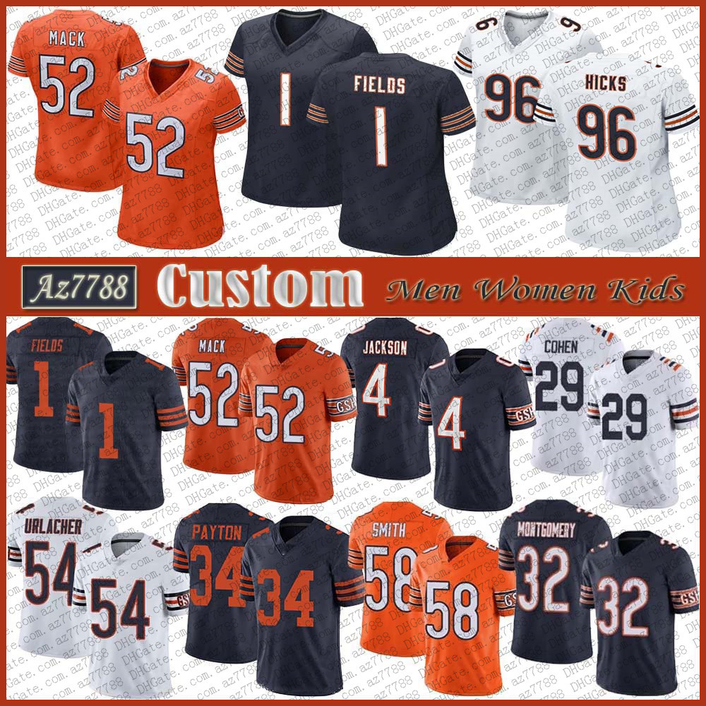 

CHI 1 Justin Fields 52 Khalil Mack Custom Men Women Kids Football Jersey 2 Cairo Santos 8 Damien Williams Akiem Hicks Tarik Cohen Cole Kmet, Black;red