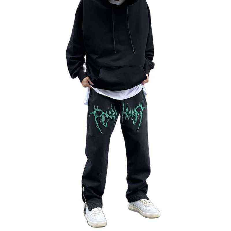 

Pantalones vaqueros Y2K de estilo hip hop para hombre Jeans con bordado moda negros sueltos cremallera lateral talla gran 0124, Hei