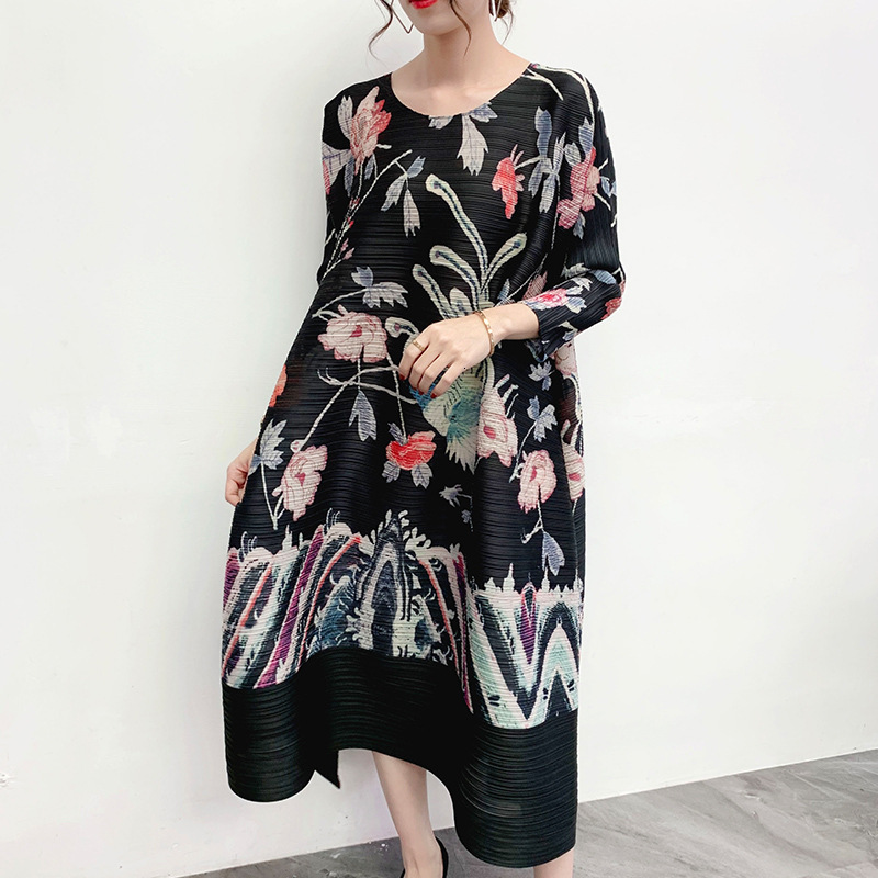 

2021 New Pleated Fall Women Es Loose Plus Size Flower Undefined Print Vintage Alternative Clothing Robe H36f, Black