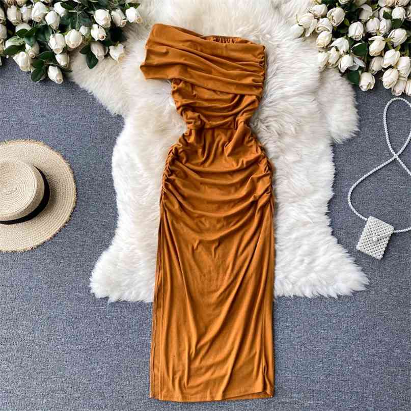 

Sexy One Shoulder Summer Dress Women Fashion Ruched Midi Party Strapless Backless High Split Evening Club Vestidos 210603, As picture