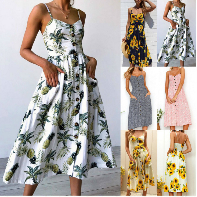 

2021 New Summer Beach Strapless Women Boho Women's Es Spaghetti Strap Flower Floral Womens Vestidos Midi Elegant A4yp