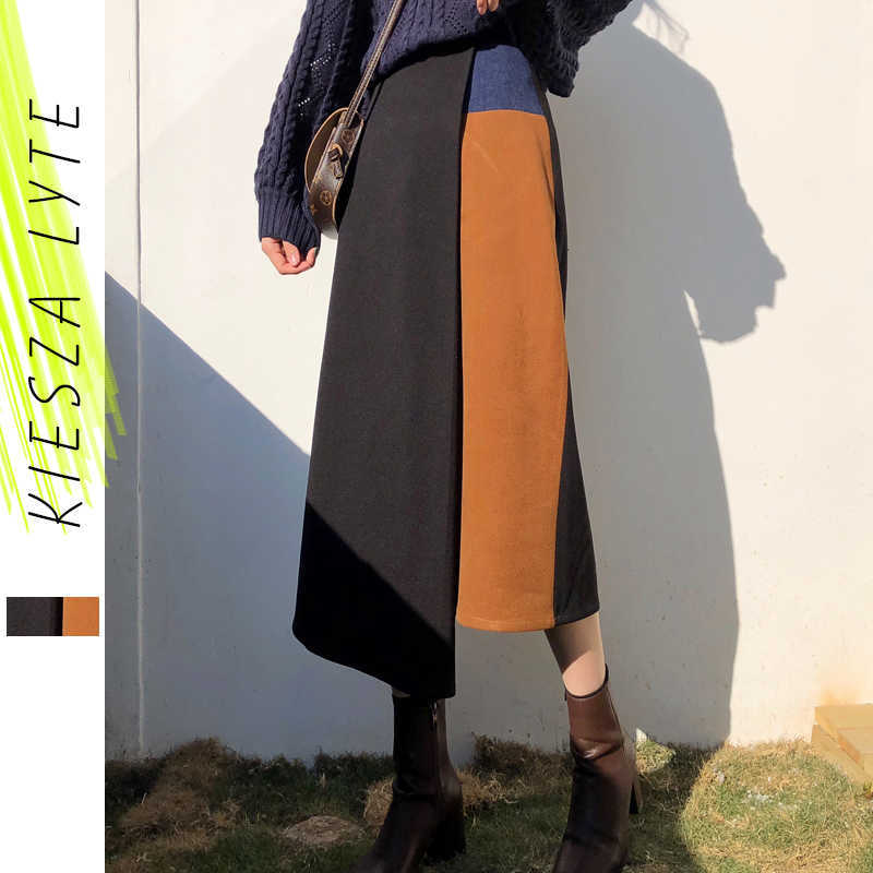 

Ladies Autumn Winter Skirts Women High Waist Patchwork Irregular Female 210608, Color matching