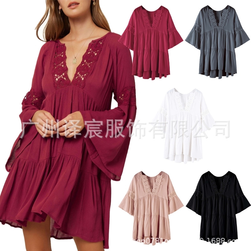 

2021 new rayon top V-neck flying sleeve pure color dress women' 9357, 9357-1 black