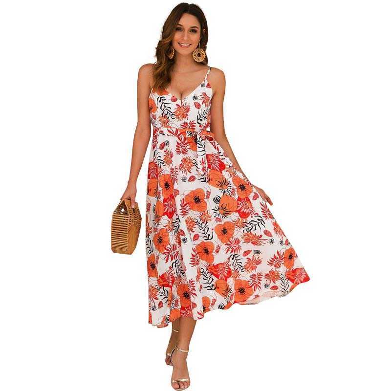 

Spaghetti Strap V Neck Sleeveless Sexy Floral Print High Waist Bandage Dress Women Casual Loose Boho Streetwear Beach Dresses 210608, Orange