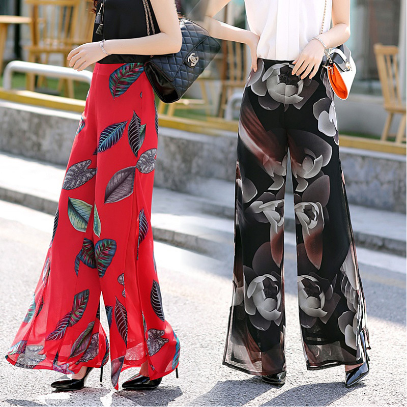 

Women New Broad-legged Split Fork Chiffon Summer Big Waist Thin Pants P03i