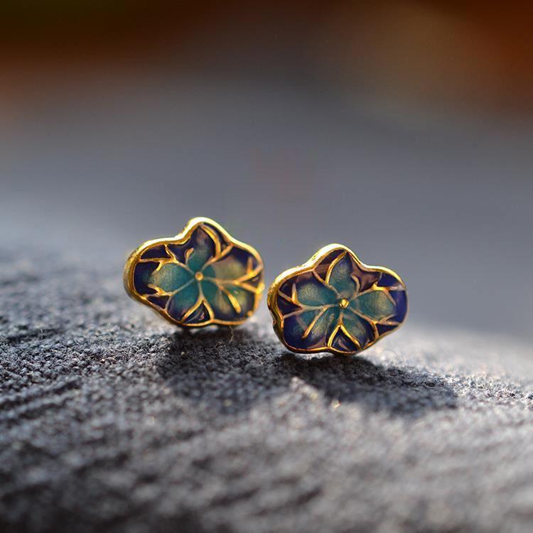

Stud Original Design Exquisite Gold Lotus Leaf Enamel Porcelain Earrings Chinese Retro Light Luxury Charm Brand Silver Jewelry, Golden;silver