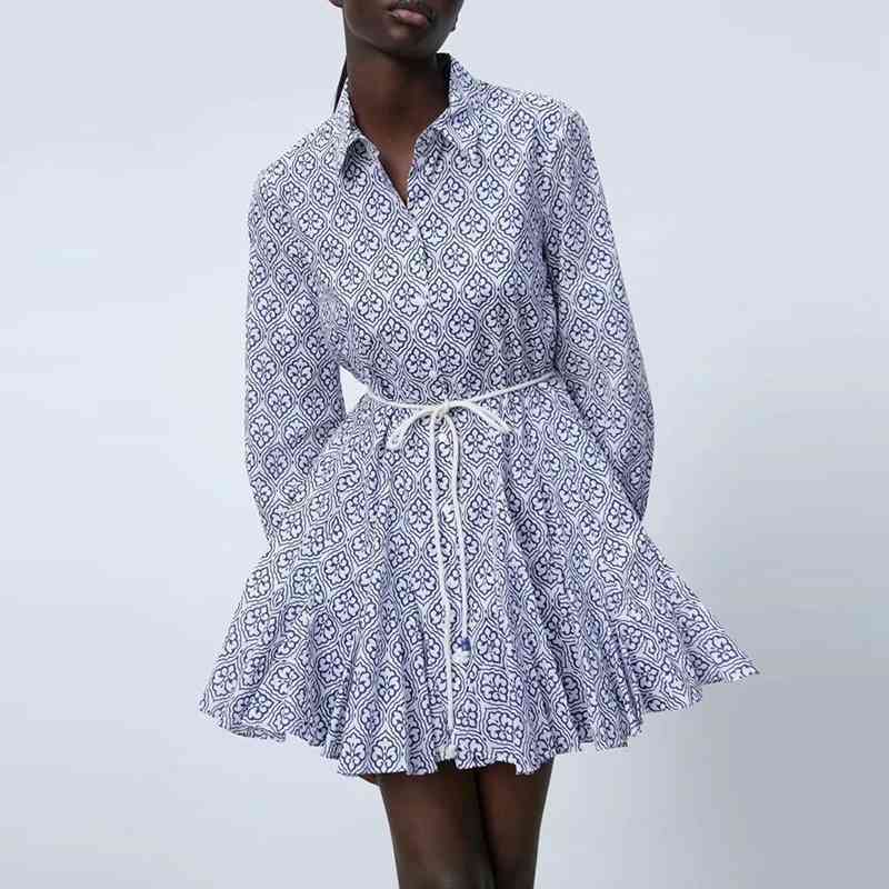 

Fashion Ruffles Mini Dress Women Spring Long Sleeve A-line Elegant Party Female With Sash Vintage 210525, Blue