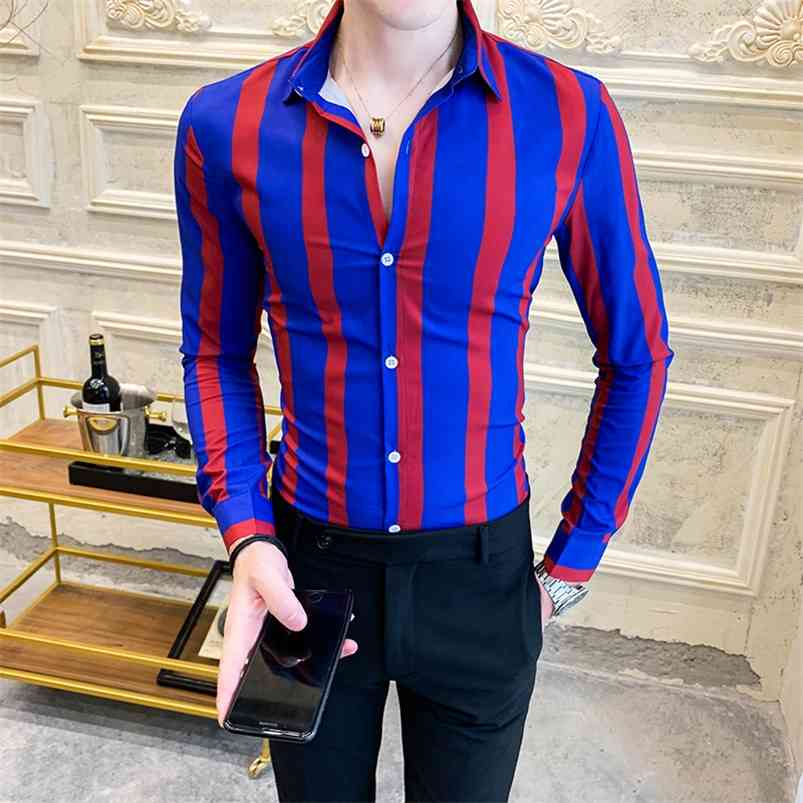 

Striped Men's Shirt Dress Business Casual s Long Sleeve Slim Fit Men Autum Tuxedo Social s Male Clothing 210721, Blue