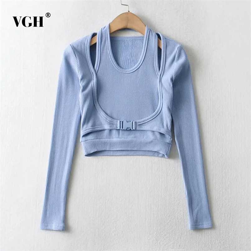 

VGH Casual Hollow Out T Shirt For Women O Neck Long Sleeve Sashes Solid Minimalist T Shirts Female Fashion Clothing Spring 211110, Khaki