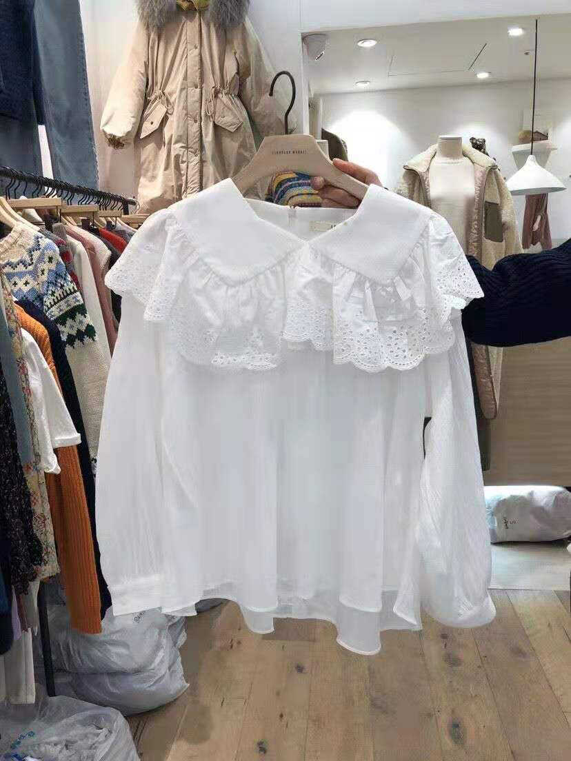 

Spring Sweet Lace Ruffles Patchwork Peter Pan Collar Full Pullover White Shirt Women Tops 210615