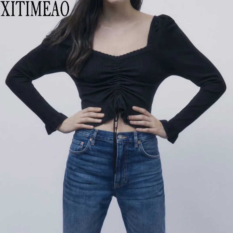 

ZA Women Long Sleeve V Neck Chest Drawstring Slim Bottoming Shirt Knitted Sweater Fashion Korean Version Chic Tops 210602, Black
