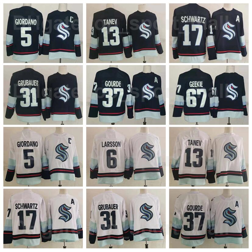 

Seattle Kraken Ice Hockey 31 Philipp Grubauer Jersey 5 Mark Giordano 37 Yanni Gourde 17 Jaden Schwartz 6 Adam Larsson 13 Brandon Tanev 67 Morgan Geekie Navy Blue White, 5 white