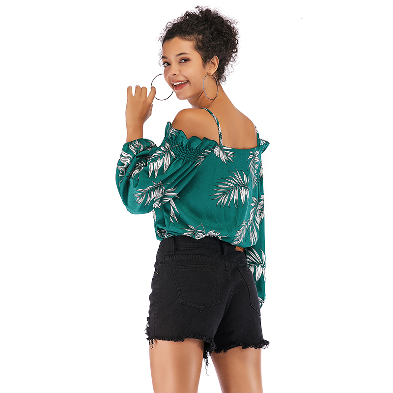 

2021 New Women Summer Print Office Chiffon Blouse Womens Long Sleeve Off Shoulder Shirts Tops Casual Elegant Ladies Blouses Deej, Green