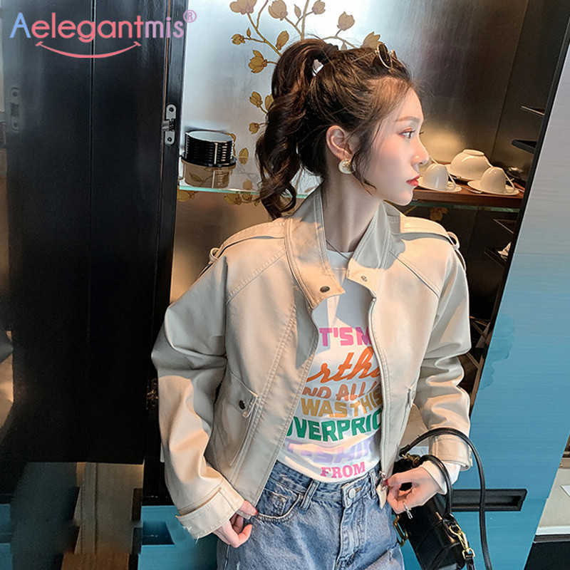 

Aelegantmis Women Fashion Casual Pu Leather Jacket Female Short Soft Faux Ladies Street Leisure Biker 210607, Beige