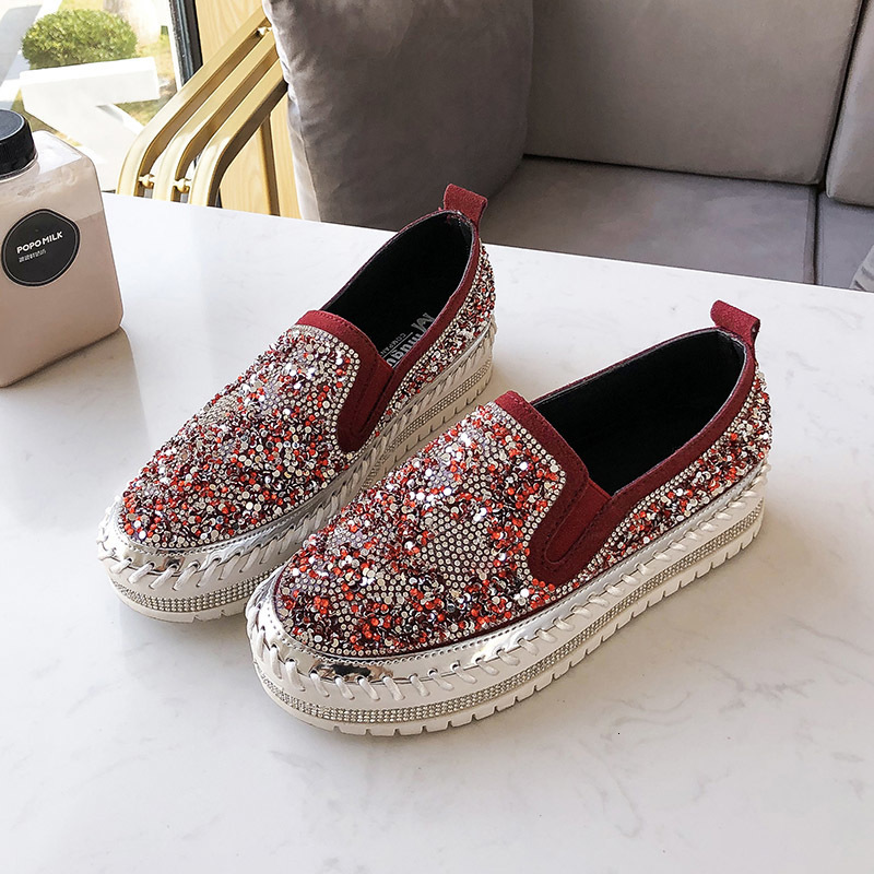 

2021 New Spring Slip on Women Flat Casual Round Toe Ladies Shoes Fashion Crystal Designer Woman Luxury Boat 2mgs, Red