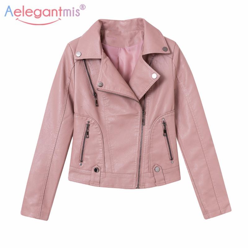 

Women's Leather & Faux Aelegantmis 2021 Fashion Black Jacket Women Hight Street Motor Biker Pu Coat Korean Button Casual Outerwear