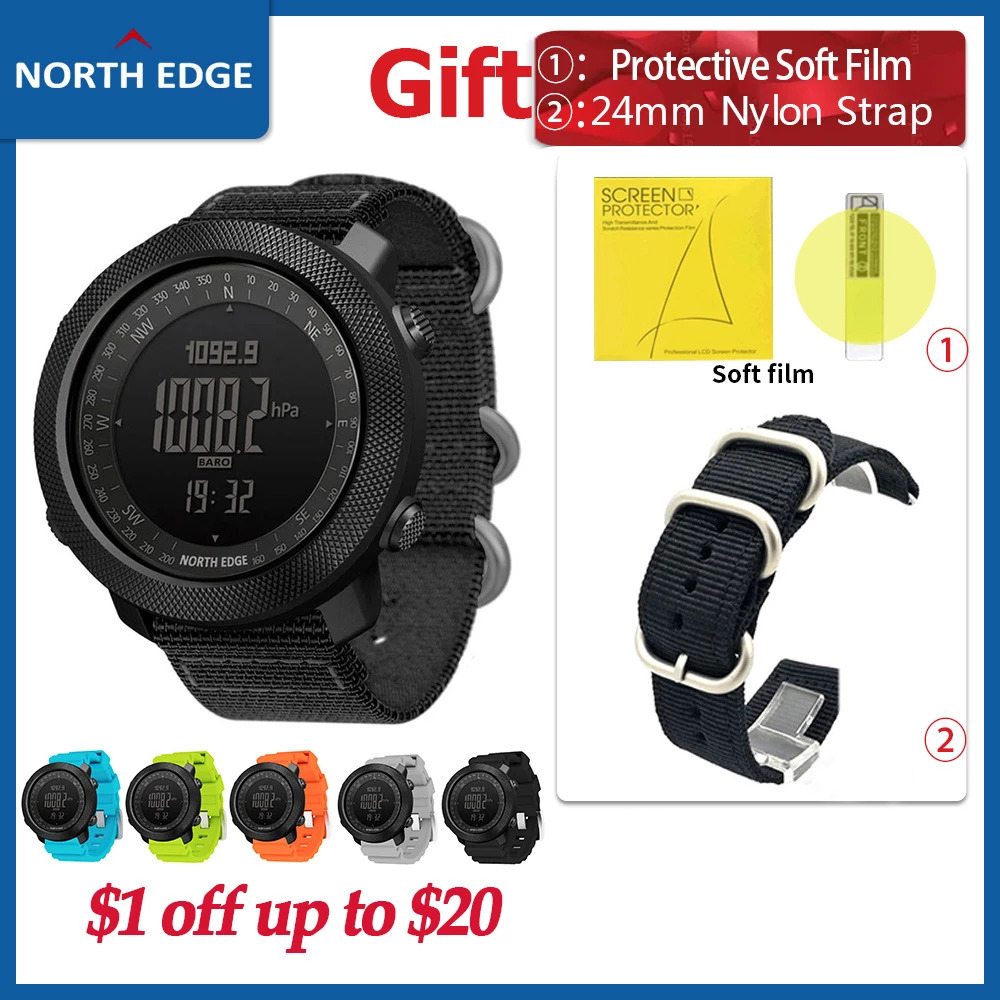 

Gift Original NORTH EDGE Mens Digital Watch Waterproof 50m Compass Altimeter Barometer APACHE 3 Sport Military Smart Watchg, Gift black nylon