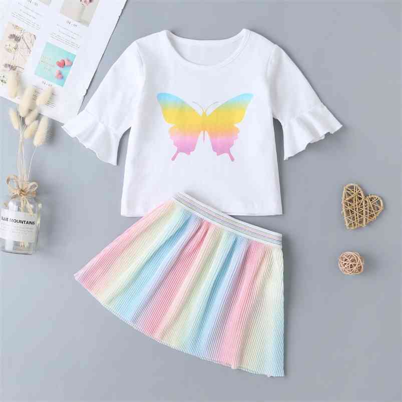 

Summer Children Sets Casual Middle Sleeve Print Butterfly Tie-dye T-shirt Rainbow Pleated Skirt Girls Clothes 0- 210629, Pink